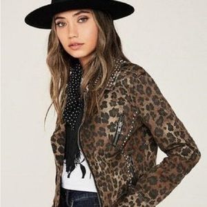 AFRM Studded Leopard Animal Print Denim Jean Jacket with Studs